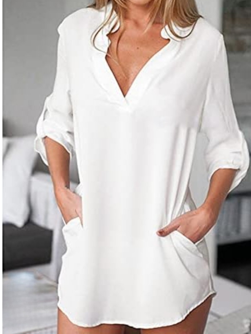 NWT Zanzea Size 10 White Mini Shirt-Dress V-Neck and Roll-Up Sleeves 0919-AP